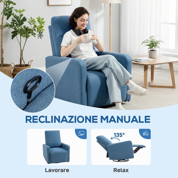 HOMCOM Poltrona Relax Reclinabile Manualmente a 135°, Girevole a 360° con Funzione Dondolo, Blu | Aosom Italy