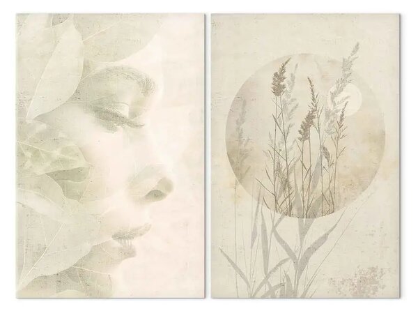 Quadro contemporaneo Donna e natura in armonia - composizione sottile di volto, foglie e erba