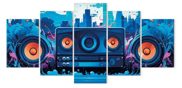 Quadro Città musicale - altoparlanti blu navy tra macchie astratte sullo sfondo di grattacieli
