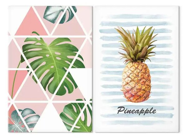 Quadro contemporaneo Mattina tropicale (2 pezzi) - ananas e monstera nei colori pastello