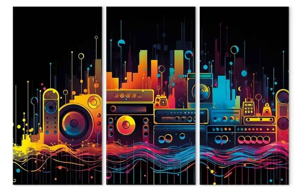 Quadro contemporaneo Città vibrante - altoparlanti astratti multicolore che imitano una zona urbana