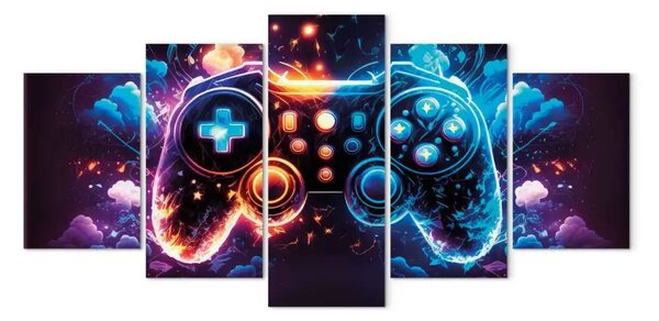 Quadro contemporaneo Tempo di gioco tra le nuvole - controller di gioco astratto tra bagliori colorati