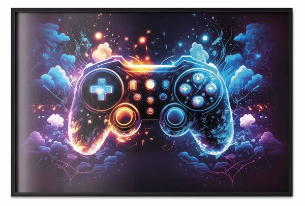 Poster: Controller astratto di gioco - pad tra nuvole colorate e bagliori di luce