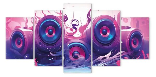 Quadro moderno Musica minimalista - altoparlanti astratti che emergono da vernice viola e rosa