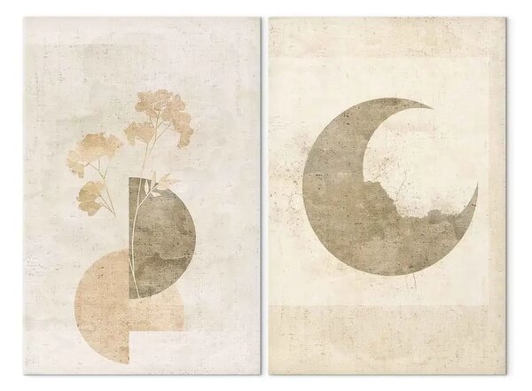 Quadro su tela Sinfonia di natura e geometria - fiori e luna nei toni pastello