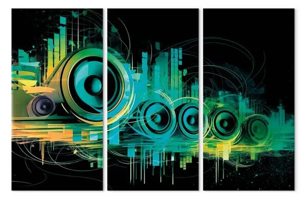 Quadro su tela Equalizzatore intenso - verde energizzante che emerge da altoparlanti moderni