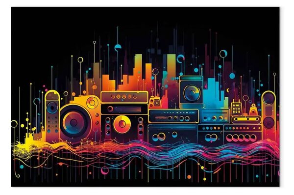 Quadro contemporaneo Città musicale - altoparlanti astratti multicolore che imitano un'area urbana