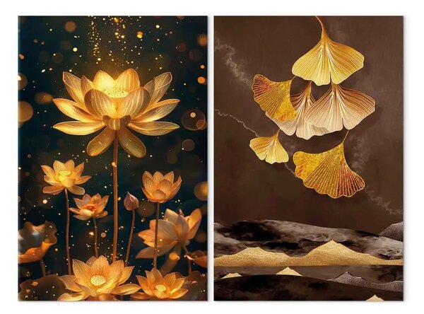 Quadro su tela Mondo incantato dell'Oriente - giglio dorato e foglie di ginkgo scintillanti