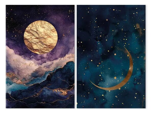 Quadro contemporaneo Lune e stelle - viola e blu navy che si fondono armoniosamente