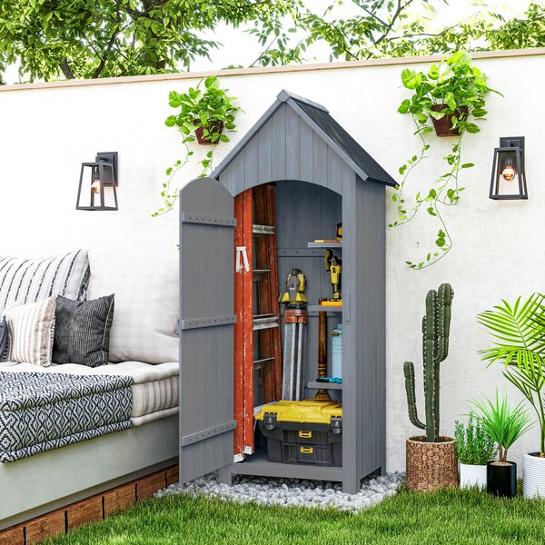 Outsunny Casetta Porta Attrezzi in Legno a 3 Mensole con Tetto Impermeabile in Bitume, 77.5x54.2x179.5 cm, Grigio | Aosom Italy