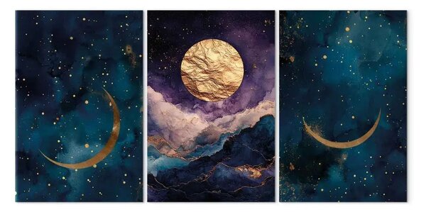 Quadro su tela Galassia dorata - stelle scintillanti e luna su uno sfondo di cielo notturno blu navy