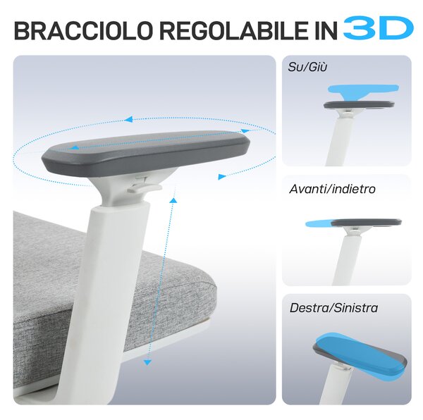 HOMCOM Sedia da Ufficio Ergonomica e Traspirante con Supporto Lombare Dinamico 4D, 64.5x62.5x112-122 cm, Grigio | Aosom Italy