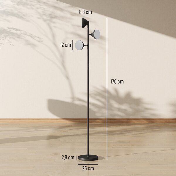 HOMCOM Lampada da Terra con 3 Teste Regolabili Indipendenti, Telecomando e Timer, in Acciaio e Plastica, Ø25x170 cm, Nero | Aosom Italy