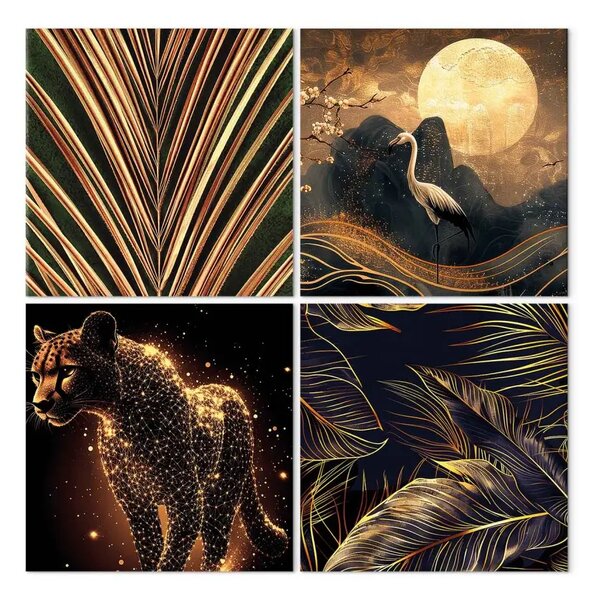 Quadro contemporaneo Magia tropicale - animali esotici e vegetazione ricoperti di oro