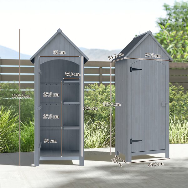Outsunny Casetta Porta Attrezzi in Legno a 3 Mensole con Tetto Impermeabile in Bitume, 77.5x54.2x179.5 cm, Grigio | Aosom Italy