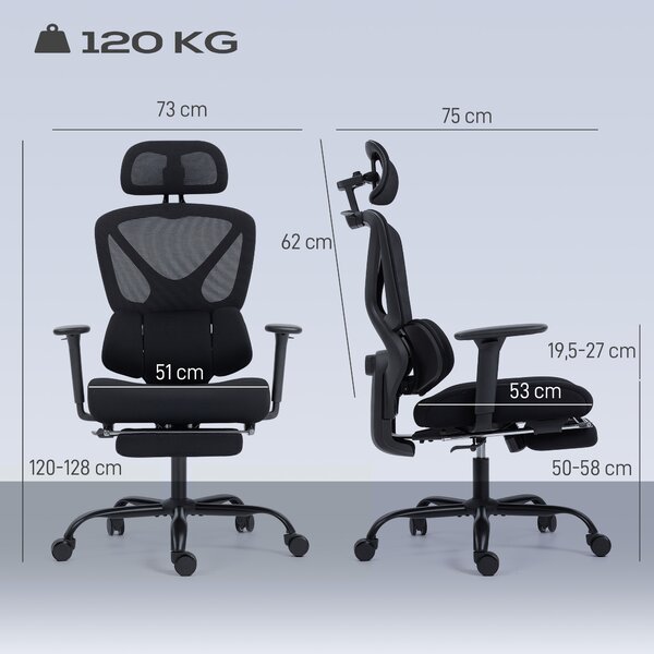 HOMCOM Sedia da Ufficio Ergonomica e Traspirante con Supporto Lombare Dinamico e Poggiapiedi, 73x75x120-128 cm, Nero | Aosom Italy