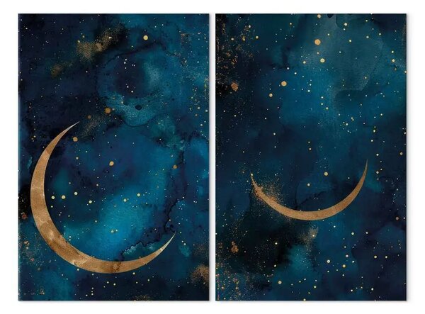 Quadro contemporaneo Cielo notturno - galassia in inchiostro con luna dorata