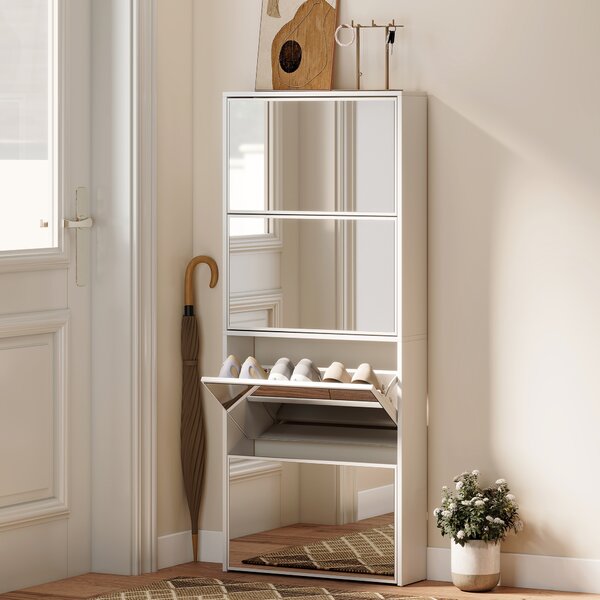 HOMCOM Scarpiera a Specchio a 4 Ante Antiribaltamento in Legno, 63x17x146 cm, Bianco | Aosom Italy