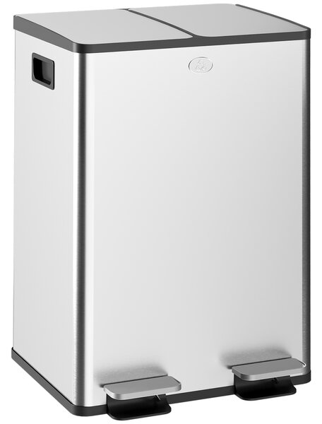 HOMCOM Pattumiera Differenziata 2 Scomparti 20L da Cucina a Pedale, Cestino Spazzatura con 2 Coperchi a Chiusura Silenziosa in Acciaio Inox e PP, 45.8x36x51.6 cm, Argento | Aosom Italy