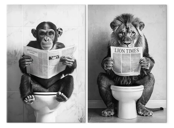 Quadro contemporaneo Leone e scimmia - rappresentazione umoristica di animali che leggono il giornale