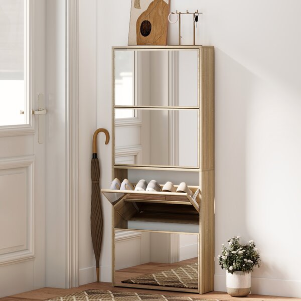 HOMCOM Scarpiera a Specchio a 4 Ante Antiribaltamento in Legno, 63x17x146 cm, color Legno | Aosom Italy