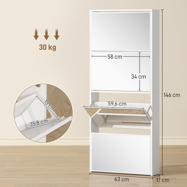HOMCOM Scarpiera a Specchio a 4 Ante Antiribaltamento in Legno, 63x17x146 cm, Bianco | Aosom Italy