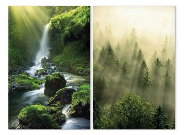 Quadro su tela Vedute verdi - cascata forestale e nebbie mattutine sopra gli alberi