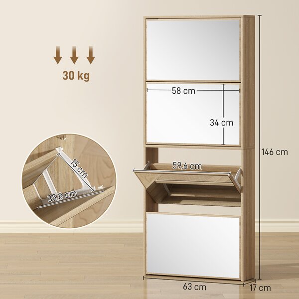 HOMCOM Scarpiera a Specchio a 4 Ante Antiribaltamento in Legno, 63x17x146 cm, color Legno | Aosom Italy
