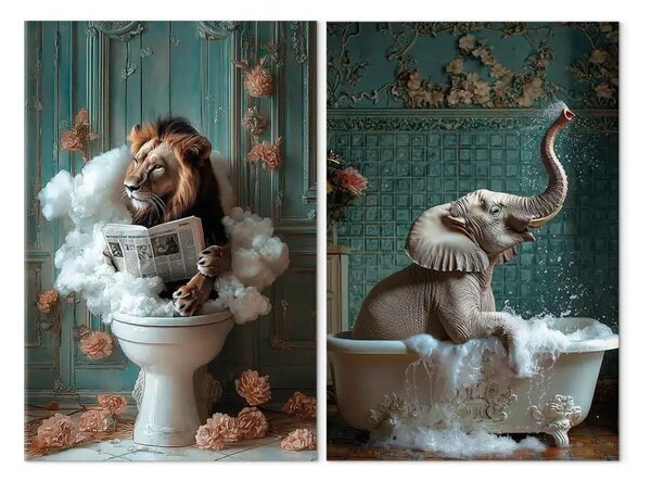Quadro contemporaneo Re del bagno - leone che legge il giornale e elefante in una vasca piena di schiuma