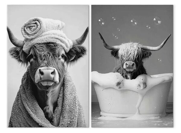 Quadro SPA folle - divertente immagine di una mucca scozzese in una vasca da bagno piena di schiuma