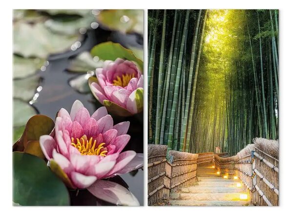 Quadro contemporaneo Zen rosa - fiori di loto e foresta di bambù verde in stile orientale