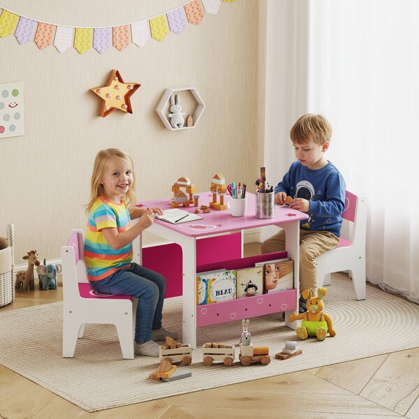 AIYAPLAY Set Tavolo con 2 Sedie per Bambini 3-8 Anni, Tavolino con Scaffale in Legno MDF con Disegni a Cuori, Rosa | Aosom Italy
