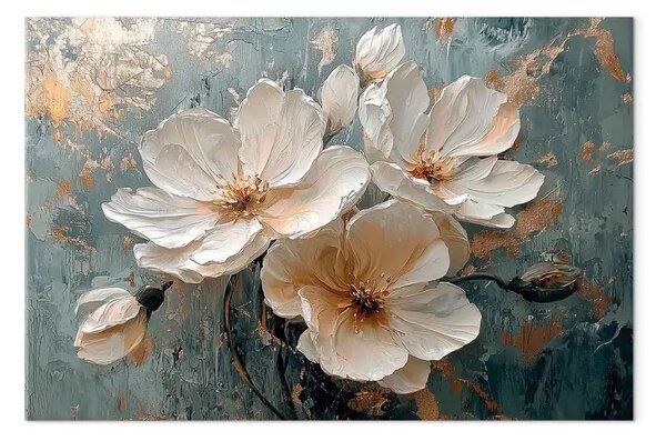 Quadro Mela bianca - piante in fiore su sfondo blu e oro