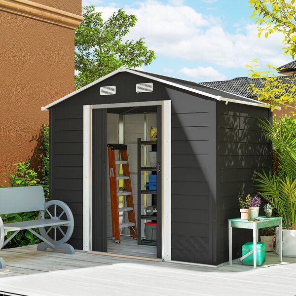 Outsunny Casetta da Giardino con Porte Scorrevoli e 4 Prese d'Aria, Capanno porta Attrezzi in Acciaio, 196x236x208 cm, Grigio Scuro | Aosom Italy