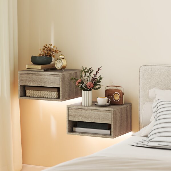 HOMCOM Set 2 Comodini Sospesi con LED RGB Integrati e Regolabili con APP, Cassetto e Ripiano, 37x32x21 cm, Color Legno | Aosom Italy