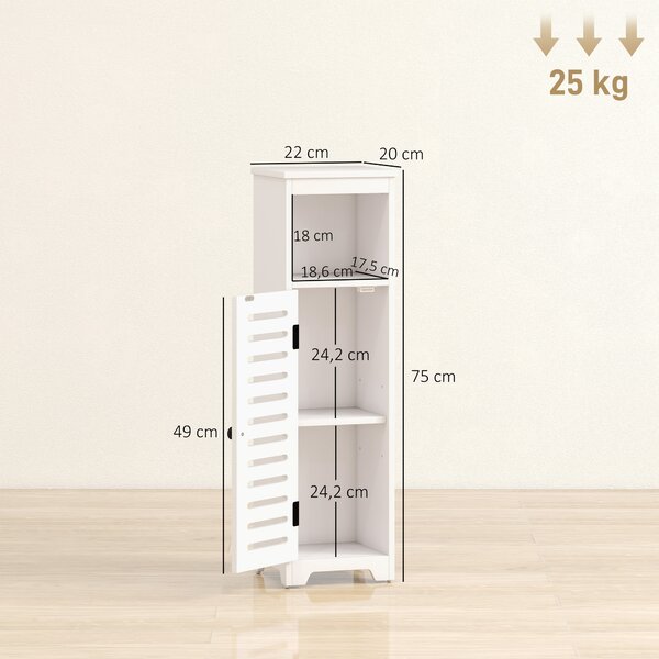 HOMCOM Mobile Bagno Slim con Porta a Lamelle, Mobiletto Bagno con Ripiani Regolabili, Vano Aperto, 22x20x75 cm, Bianco | Aosom Italy