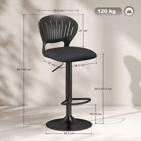 HOMCOM Set 2 Sgabelli da Bar Traspiranti in Tessuto Effetto Lino e Metallo con Poggiapiedi, 40.5x43x84-105 cm, Nero | Aosom Italy