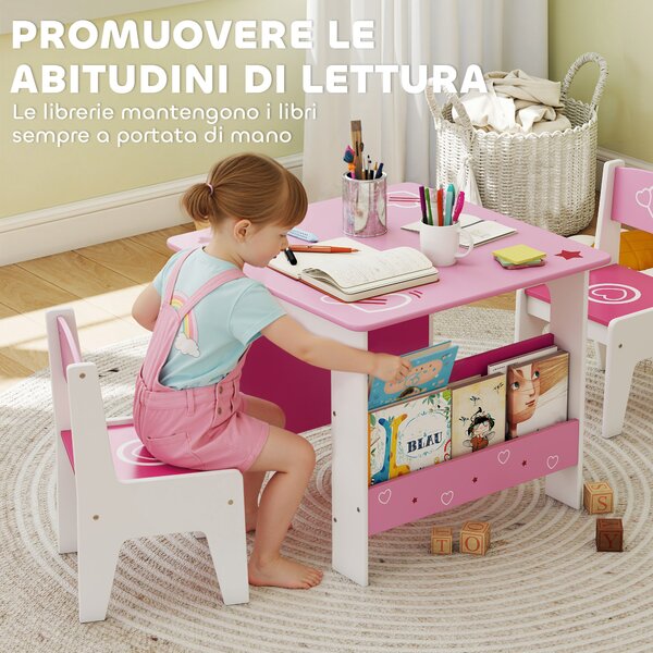 AIYAPLAY Set Tavolo con 2 Sedie per Bambini 3-8 Anni, Tavolino con Scaffale in Legno MDF con Disegni a Cuori, Rosa | Aosom Italy