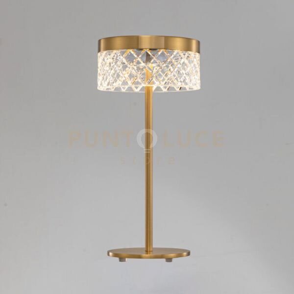 Lampada da tavolo regina, acrilico trasparente, oro santino, led 6 