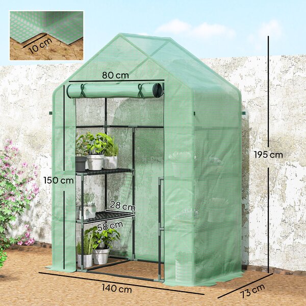 Outsunny Serra da Giardino con 2 Mensole a 3 Livelli e Ingresso a Zip, in Acciaio e PE, 142x73x195 cm, Verde | Aosom Italy