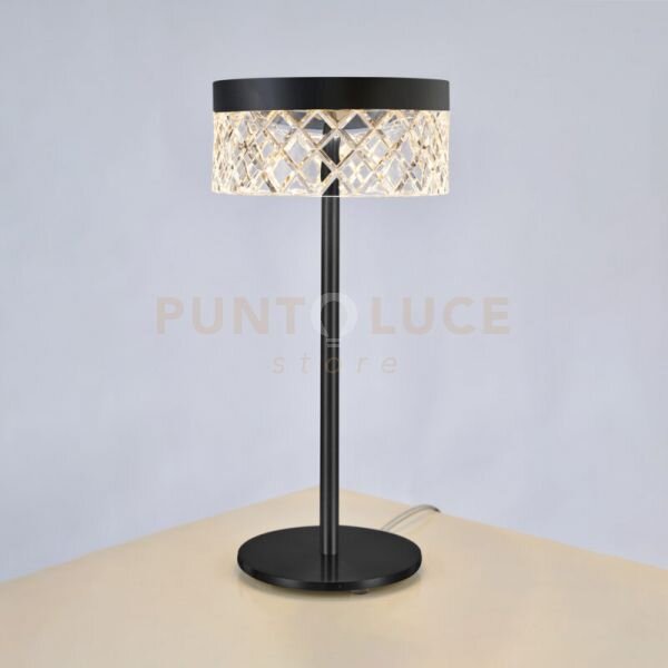 Lampada da tavolo regina, acrilico trasparente, nero opaco, led 6 w