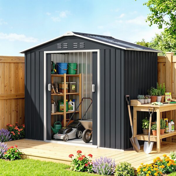 Outsunny Casetta da Giardino con Prese d'Aria, Capanno con Lucernario e Doppia Porta Scorrevole Bloccabile, 277x195x192 cm, Grigio Scuro | Aosom Italy