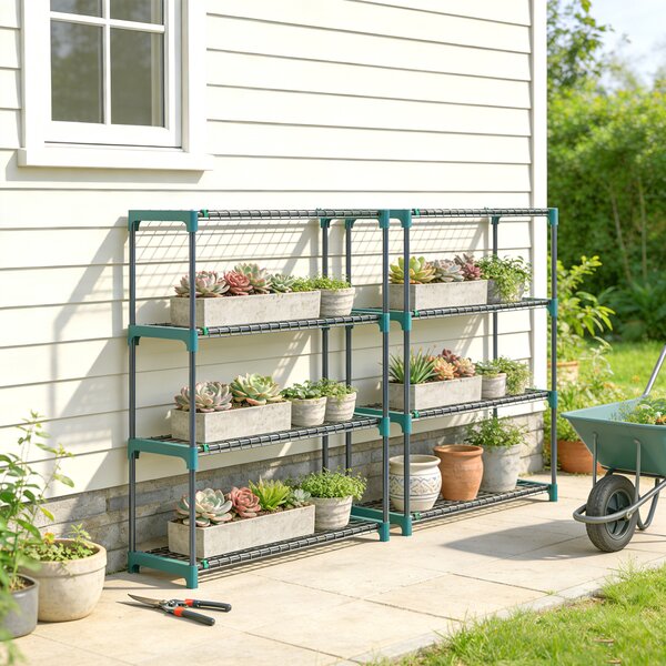Outsunny Set di 2 Scaffali per Piante a 4 Livelli in Acciaio con Ganci, 90x28x104 cm, Verde | Aosom Italy