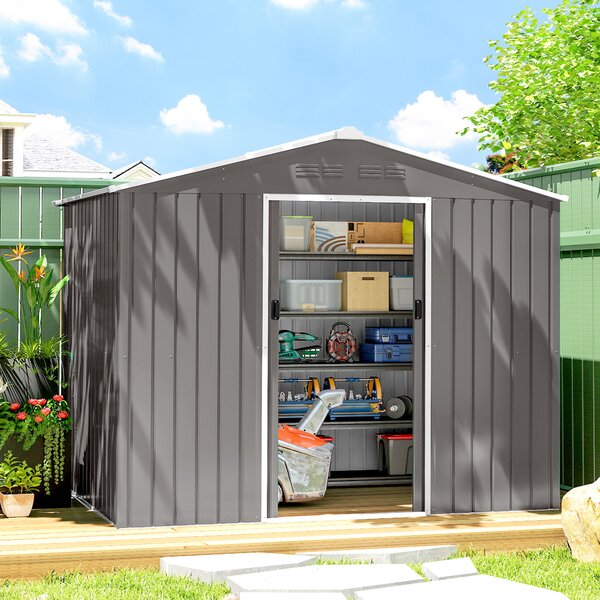 Outsunny Casetta da Giardino 2.3x1.7 m in Acciaio con Prese d'Aria e Doppia Porta Scorrevole, Effetto Legno | Aosom Italy