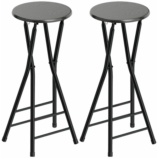 HOMCOM Set 2 Sgabelli Bar Pieghevoli con Doppio Poggiapiedi, in Legno e Acciaio, 34x30x70 cm, Nero | Aosom Italy