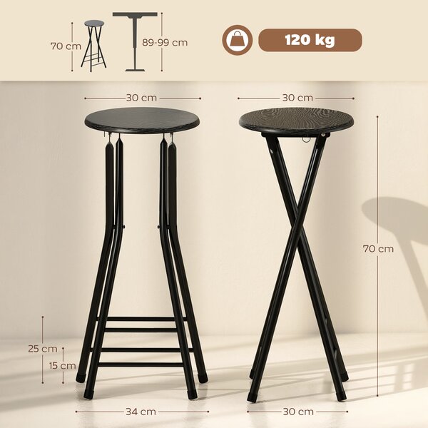 HOMCOM Set 2 Sgabelli Bar Pieghevoli con Doppio Poggiapiedi, in Legno e Acciaio, 34x30x70 cm, Nero | Aosom Italy