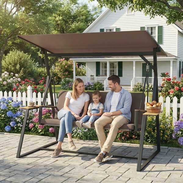 Outsunny Dondolo da Giardino 3 Posti con Tettuccio Regolabile, Dondolo da Esterno in Metallo con Vassoi Porta Bicchieri, Cuscini Imbottiti, Portata 360kg, per Terrazzo Balcone, 222x131x175 cm, Marrone | Aosom Italy