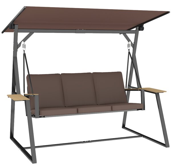 Outsunny Dondolo da Giardino 3 Posti con Tettuccio Regolabile, Dondolo da Esterno in Metallo con Vassoi Porta Bicchieri, Cuscini Imbottiti, Portata 360kg, per Terrazzo Balcone, 222x131x175 cm, Marrone | Aosom Italy