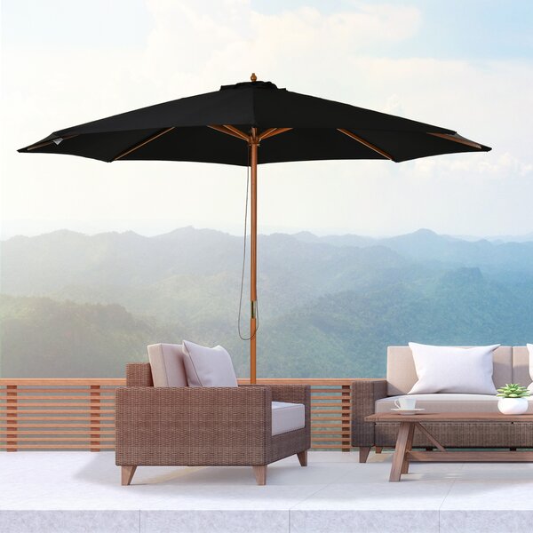 Outsunny Ombrellone da Giardino 3 m con Palo in Legno, 8 Stecche e Parasole in Poliestere, Nero | Aosom Italy