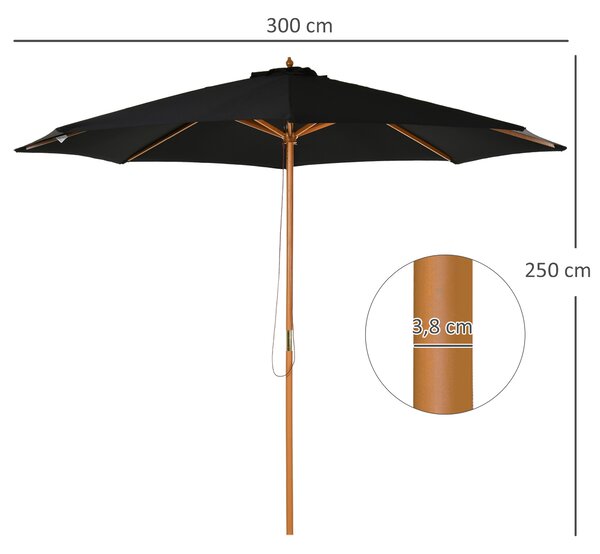 Outsunny Ombrellone da Giardino 3 m con Palo in Legno, 8 Stecche e Parasole in Poliestere, Nero | Aosom Italy